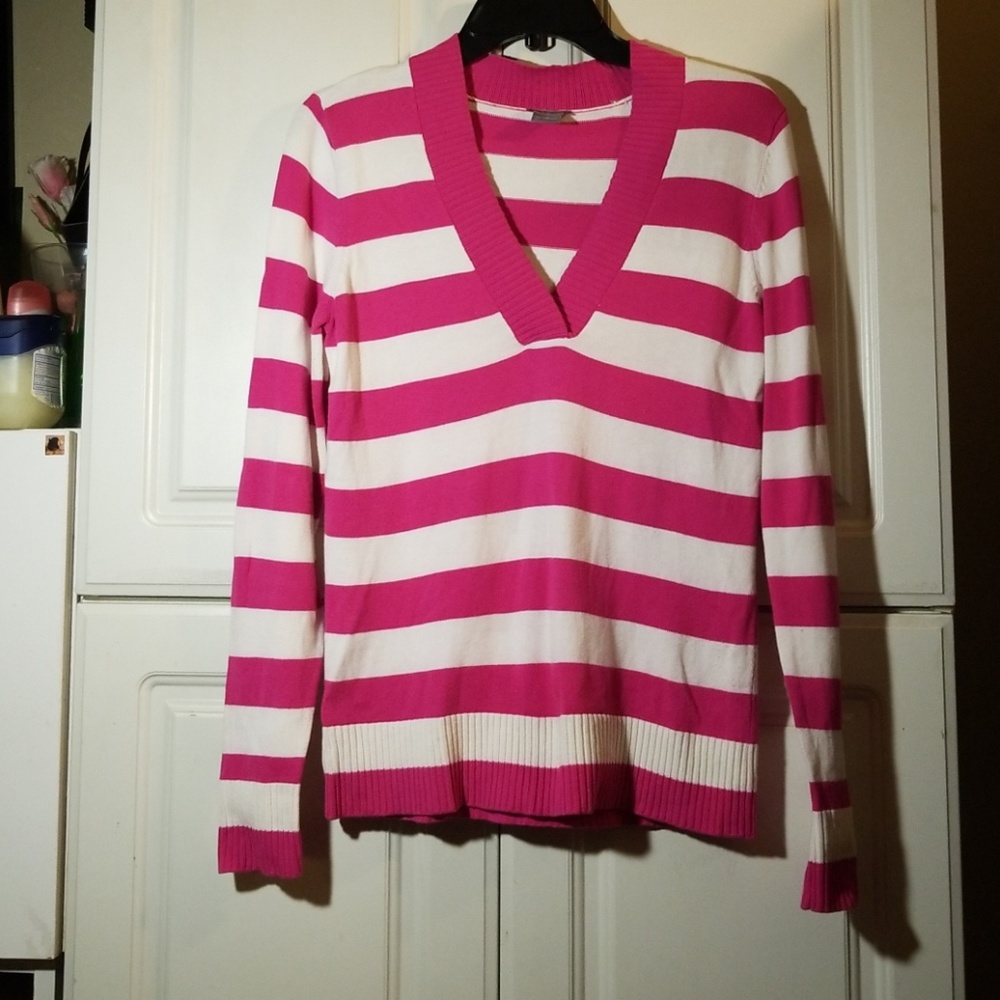 Ann Taylor V-Neck Pink Striped Sweater